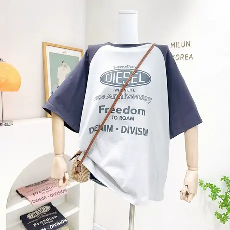 复古美式字母插肩袖上衣2023夏新款欧货遮肚子宽松中长款短袖T恤商品大图