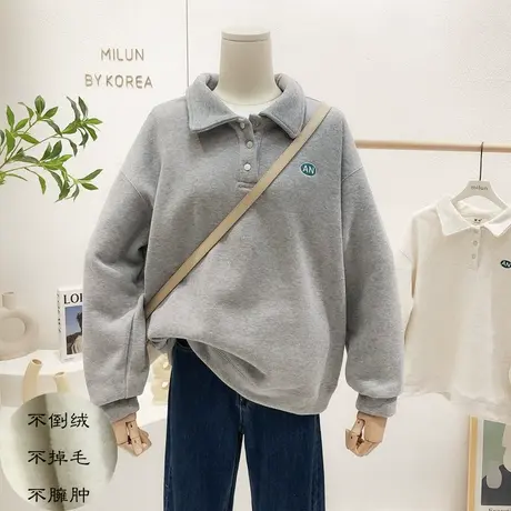 2021秋冬款韩国东大门ins慵懒纯欲polo领休闲加绒保暖厚卫衣打底商品大图