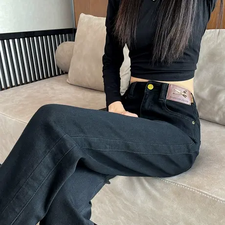 直筒牛仔裤女黑色2024年秋冬新款高腰宽松显瘦小个子九分烟管裤潮商品大图