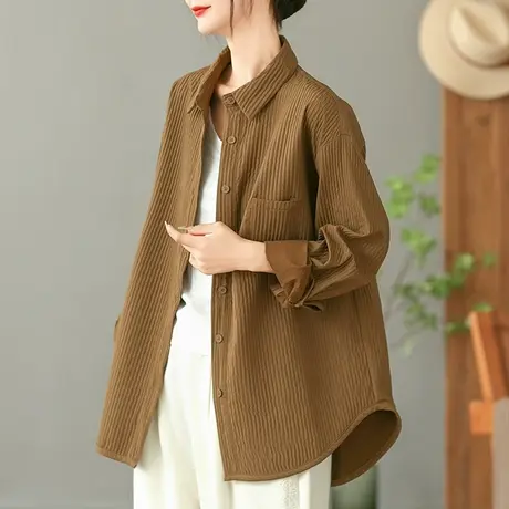 dza 复古竖条纹翻领双层长袖衬衫女秋冬内搭漂亮上衣宽松休闲衬衣图片