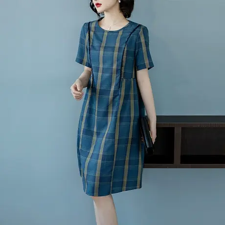 连衣裙女短袖夏季宽松加大码纯棉裙子中年妈妈休闲显瘦格子长裙子图片