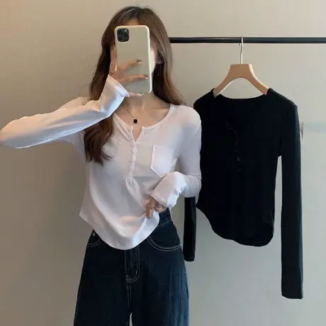 白色打底衫女2025新款秋冬短款上衣ins设计感小众修身v领长袖t恤商品大图