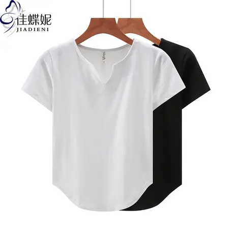 夏季新款韩版小V领修身下摆圆弧纯色纯白短袖体恤上衣内搭女打底商品大图
