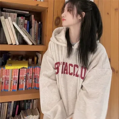 原宿风加绒胖mm大码连帽卫衣女ins潮秋冬复古学院风减龄上衣商品大图