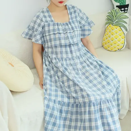 夏新品格纹法式方领连衣裙大码小清新优雅长裙商品大图