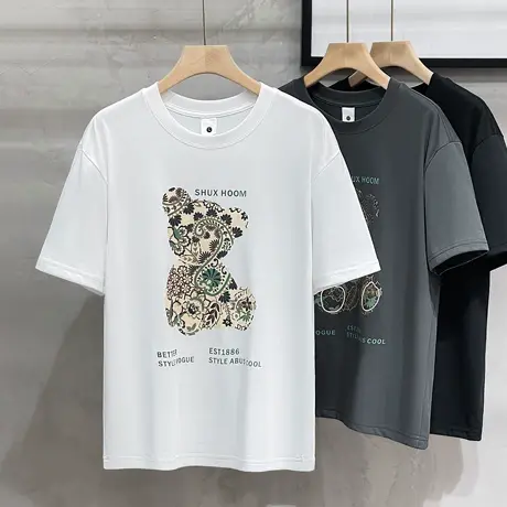 凉感短袖T恤男夏季潮牌小熊艺术印花T恤宽松半袖冰丝棉体恤男薄款商品大图