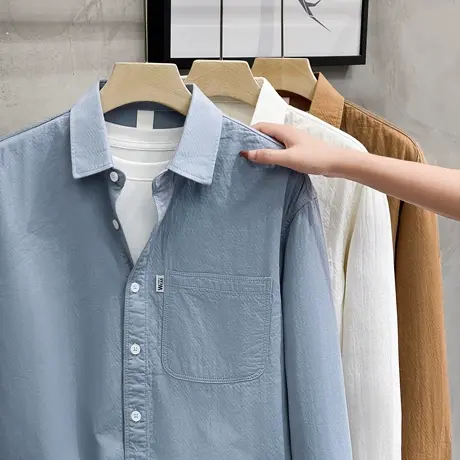 日系白色衬衫男长袖春秋季潮流简约百搭纯棉衬衣外套休闲宽松上衣商品大图