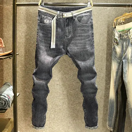 秋季黑灰色牛仔裤男款高端大牌印花潮牌弹力时尚百搭修身小脚长裤商品大图