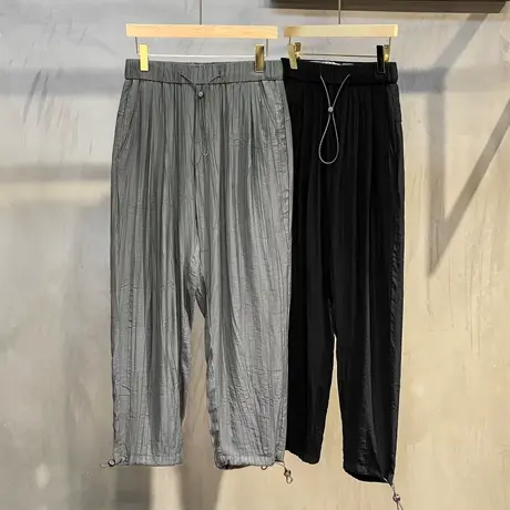 男士休闲裤夏季薄款亚麻褶皱抽绳九分裤男宽松直筒裤子男韩版潮流商品大图