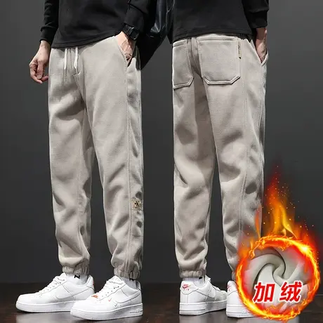 秋冬季加绒加厚博奥绒束脚休闲裤子冬季男士卡其色潮牌痞帅气卫裤商品大图