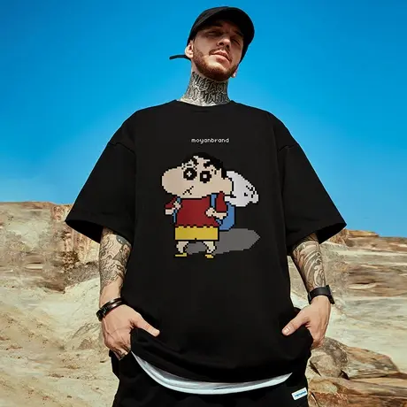 摩严港风潮牌胖子男装大码国潮宽松日系卡通联名短袖T恤大码半袖商品大图