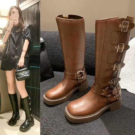 皮带扣不过膝靴子女2023新款复古长靴西部牛仔靴骑士高筒靴中筒靴图片