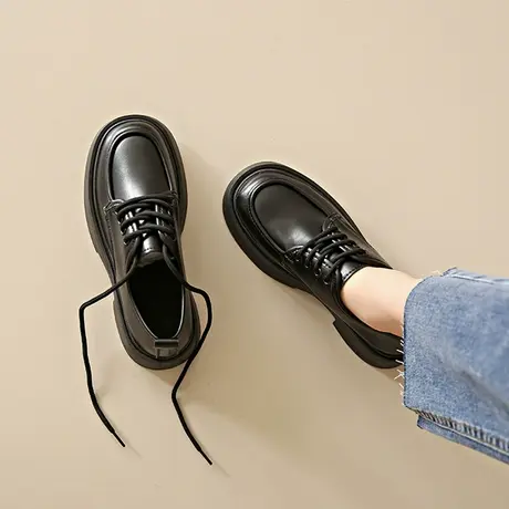 厚底英伦风女小皮鞋2023年春秋季新款百搭系带乐福鞋复古工作单鞋商品大图