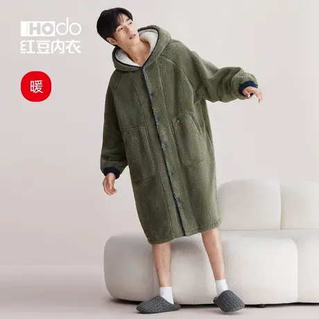 红豆情侣睡袍泡泡绒冬季加厚连帽浴袍女法兰绒睡衣男珊瑚绒家居服图片