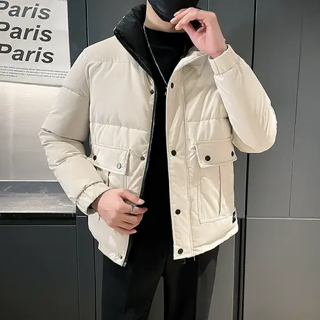 冬季纯色棉衣男高级感2023新款潮牌个性短款加厚立领棉服简约外套商品大图