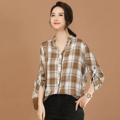 韩潮袭人韩系V领格子长袖衬衫2024春新款女士百搭宽松衬衣内搭图片