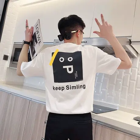 时尚潮牌趣味印花男短袖上衣t恤2023新款休闲百搭半截袖潮男体恤商品大图