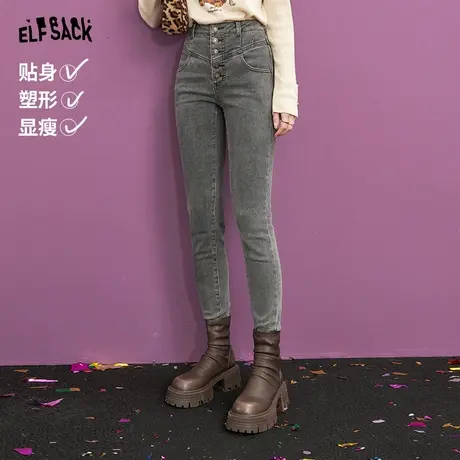妖精的口袋美式复古高腰直筒牛仔裤女2023冬季新款修身显瘦长裤图片