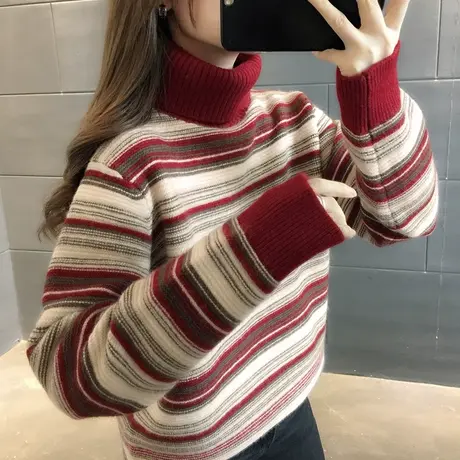 彩条撞色两翻领套头针织衫女2024新款春季韩版百搭重工毛衣打底衫图片