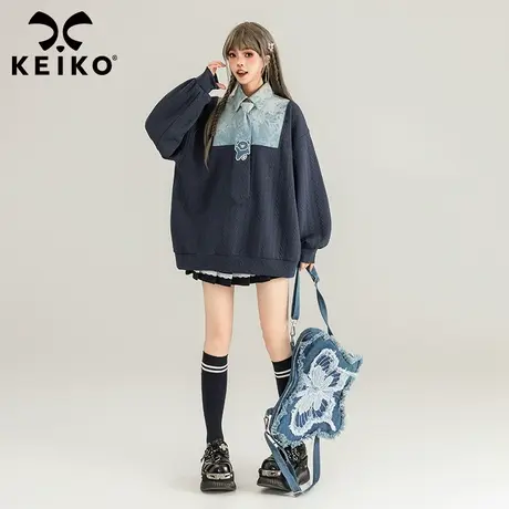 KEIKO[赠领带] 设计感扭花polo领卫衣24春学院风牛仔拼接宽松上衣图片