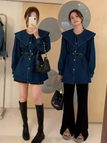 2023年秋冬季新款法式高级感韩系chic别致复古抓绒牛仔衬衫上衣女图片