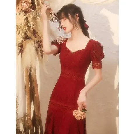 新娘敬酒服2024新款夏季酒红色平时可穿订婚裙礼服回门便装连衣裙商品大图