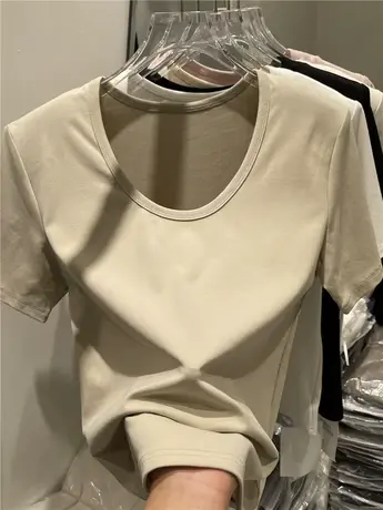 简约百搭U领纯色垫肩短袖T恤女2024春季新款修身小个子打底衫上衣商品大图