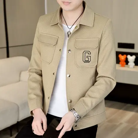 时尚潮流外套男韩版春装短款工装刺绣褂子翻领肌理感痞帅气夹克衫商品大图