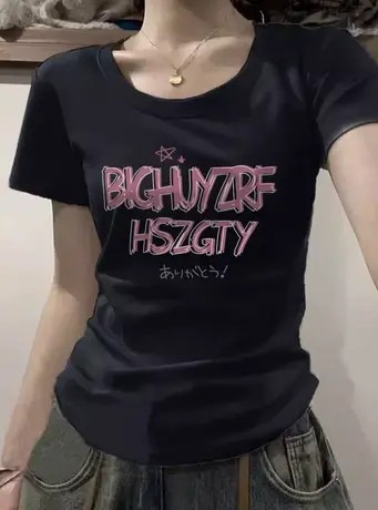 甜辣正肩短袖t恤女夏季2023新款设计感小众独特修身打底小衫上衣商品大图