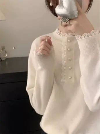 白色蕾丝半高领打底衫女内搭别致绝美毛衣针织衫春季小众洋气上衣图片