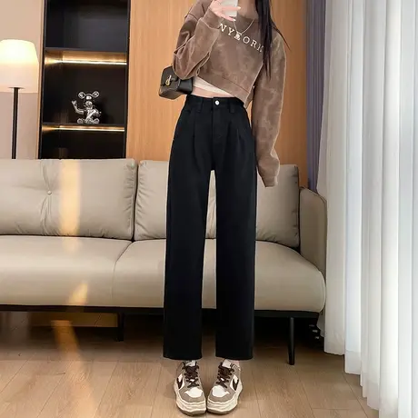 黑色高腰小个子牛仔裤女春季2024年新款宽松直筒阔腿裤显瘦九分裤商品大图