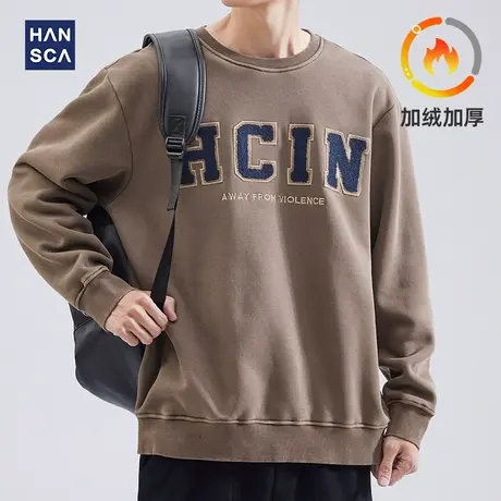 hansca美式卫衣男秋冬款加绒加厚青少年潮流宽松圆领休闲大码长袖商品大图
