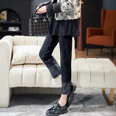 宝诗黎气质提花拼接直筒裤女春季百搭显瘦黑色牛仔裤小个子烟管裤商品大图