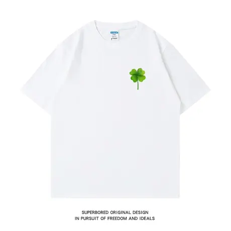 夏季简约幸运四叶草印花纯棉短袖T恤男女学生青少年宽松休闲半袖图片