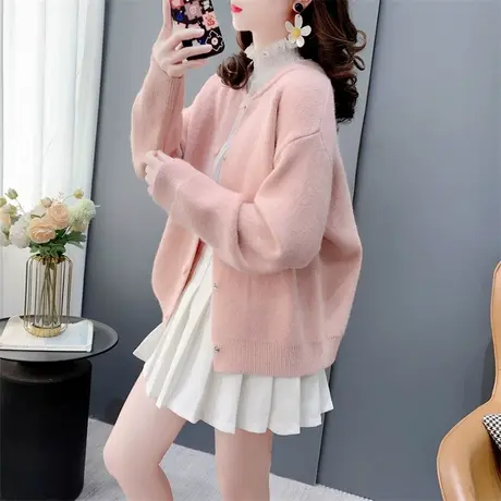 韩系软糯粉色针织开衫女春季2024新款宽松百搭小个子外穿毛衣外套商品大图