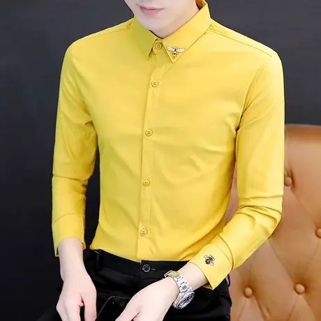 潮牌纯色长袖衬衫男秋季美发师百搭韩版衬衣ins修身帅气刺绣寸衫商品大图