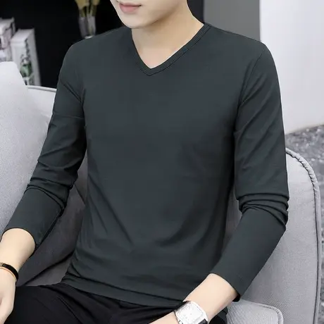 莫代尔男士长袖t恤潮流潮牌秋装内搭打底衫V领秋季小衫纯色秋衣服商品大图
