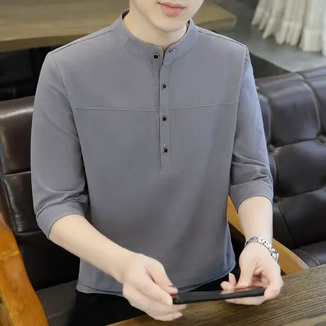 男士衬衫立领短袖T恤夏季棉感五分袖体恤衫潮牌ins中国复古风上衣商品大图