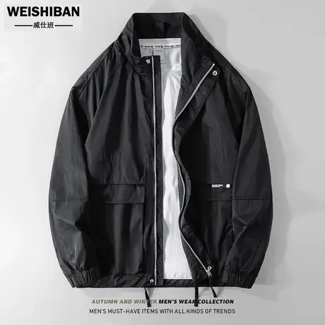 美式休闲通勤宽松立领夹克2023春季潮流工装多口袋拼接防风外套男商品大图