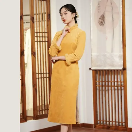 素飞知春季新款改良旗袍长款国风开叉复古名媛气质灯芯绒连衣裙女商品大图