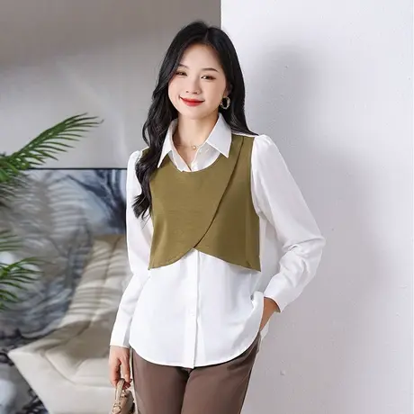 2023年秋季新款女装大码胖mm显瘦减龄翻领假两件长袖衬衫上衣女潮商品大图