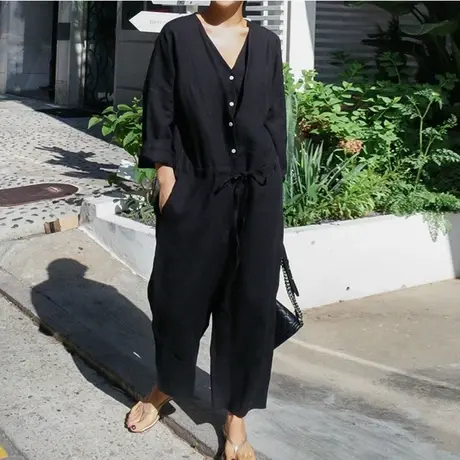 纯诗曼夏秋新款双v领棉麻连体裤女宽松大码九分裤时尚休闲亚麻裤图片