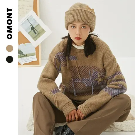omont蛋挞家 复古抽象图案绵羊绒流苏毛衣女短款加厚毛针织衫秋冬图片