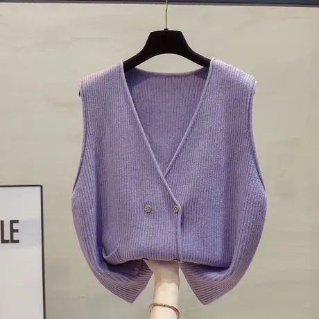 双排扣v领针织开衫马甲背心女2023秋装新款宽松马夹外穿毛衣坎肩图片