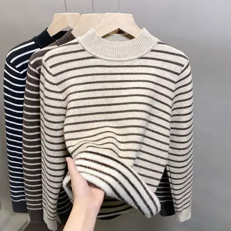 加绒半高领毛衣女一体绒打底衫2023秋冬新款条纹针织衫内搭厚上衣图片