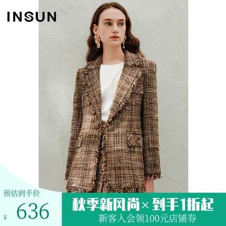 恩裳2023春季新款小香风粗花呢银葱点缀毛边流苏西装外套商品大图