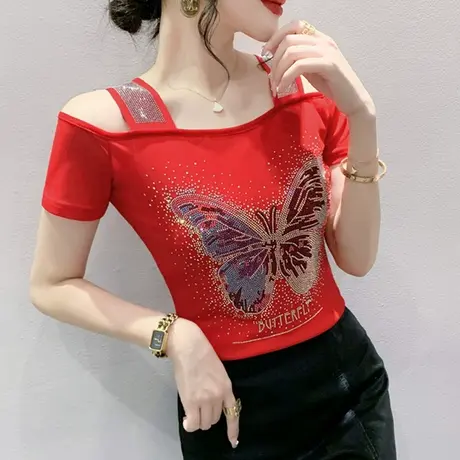 性感一字领女装2023新款时尚烫钻T恤气质网纱小衫心机露肩上衣夏商品大图