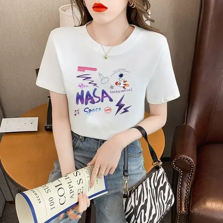 白色短袖T恤女ins潮夏装2023新款设计感宇航员印花纯棉半袖上衣服商品大图