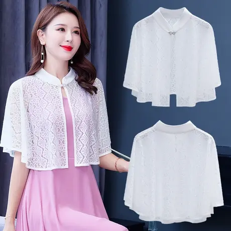 蕾丝衫女无袖2022年夏季新款气质镂空钩花百搭立领披肩中国风上衣图片