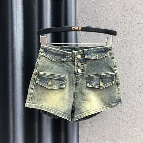 怀旧复古多纽扣设计感牛仔短裤女2023夏季新款高腰弹力包臀阔腿裤商品大图